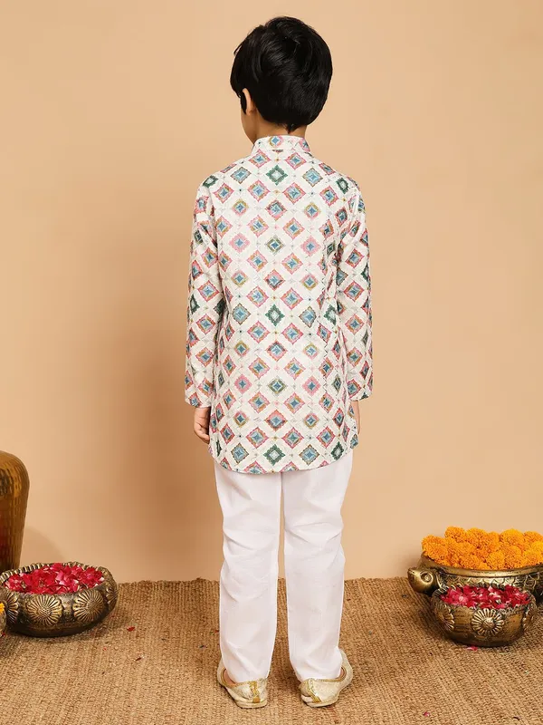 Cream_Multicolor_Rayon_Kurta_And_Pyjama_Set_Printed_|Embellished_|Embroidered_For_Boys