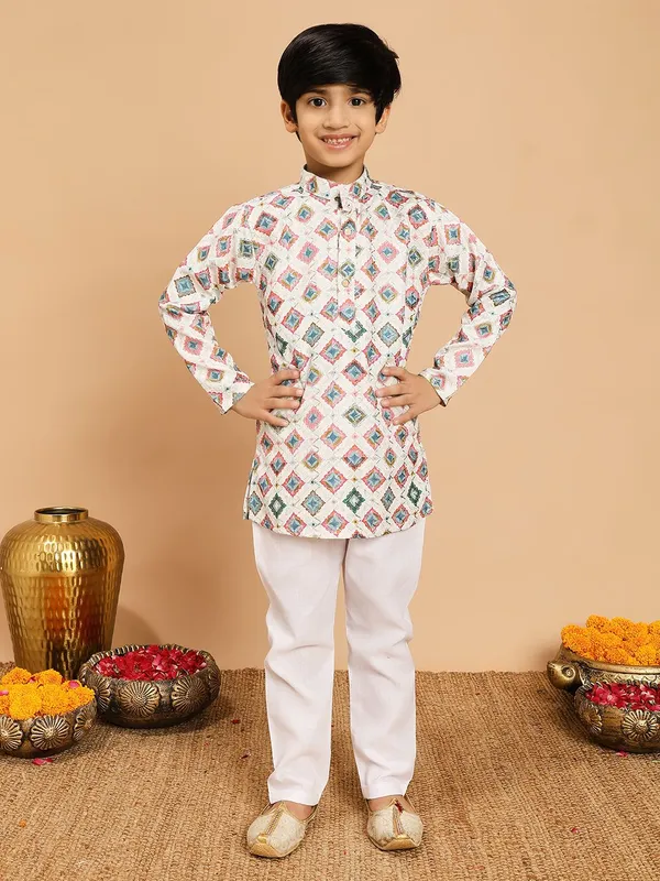 Cream_Multicolor_Rayon_Kurta_And_Pyjama_Set_Printed_|Embellished_|Embroidered_For_Boys