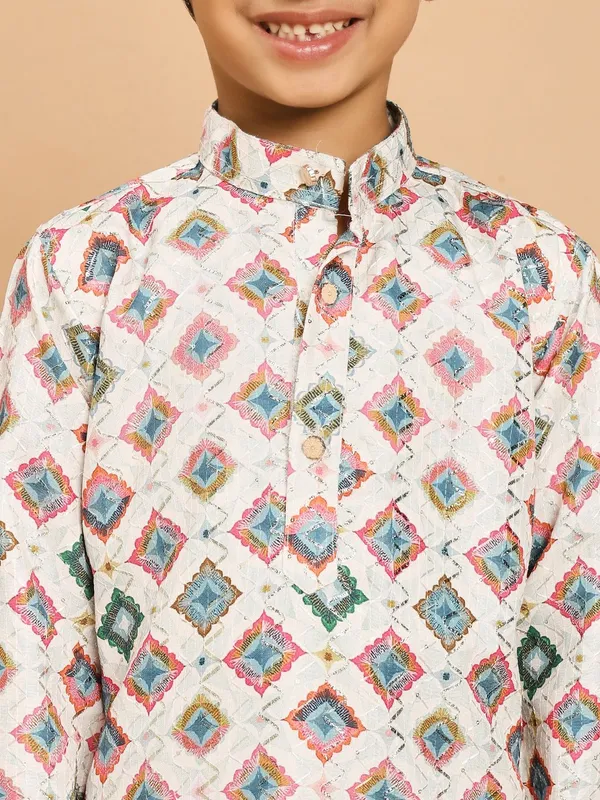 Cream_Multicolor_Rayon_Kurta_And_Pyjama_Set_Printed_|Embellished_|Embroidered_For_Boys
