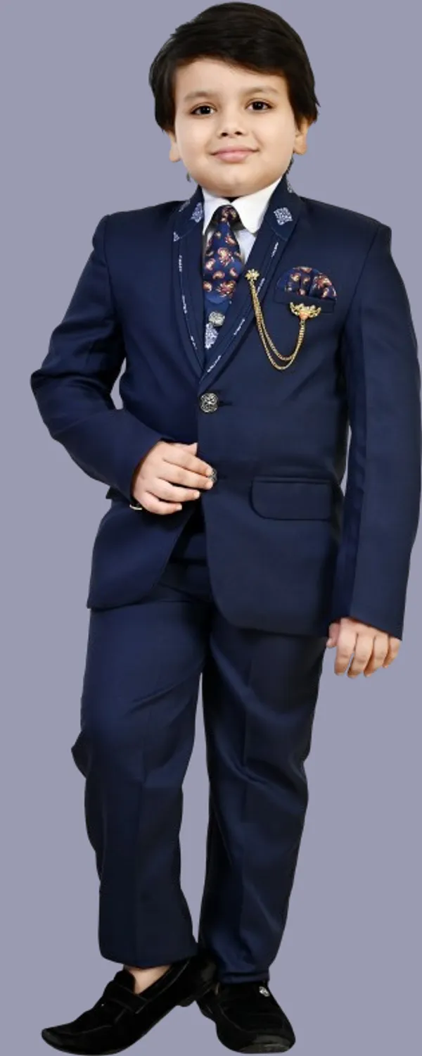 Dark_Blue_Cotton_Blend_5_Piece_Coat_Pant_Suit_Set_For_Boys_Self_Design_|Solid_For_Boys