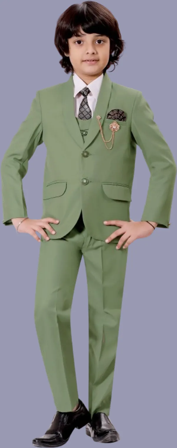Light_Green_Cotton_Blend_5_Piece_Coat_Suit_Set_With_Shirt,_Pant,_Waistcoat_&_Tie_For_Boys_Solid_For_Boys