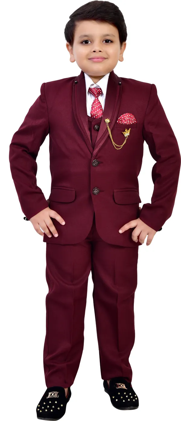 Maroon_Polyester_5_Piece_Coat_Pant_Suit_Set_Solid_For_Boys