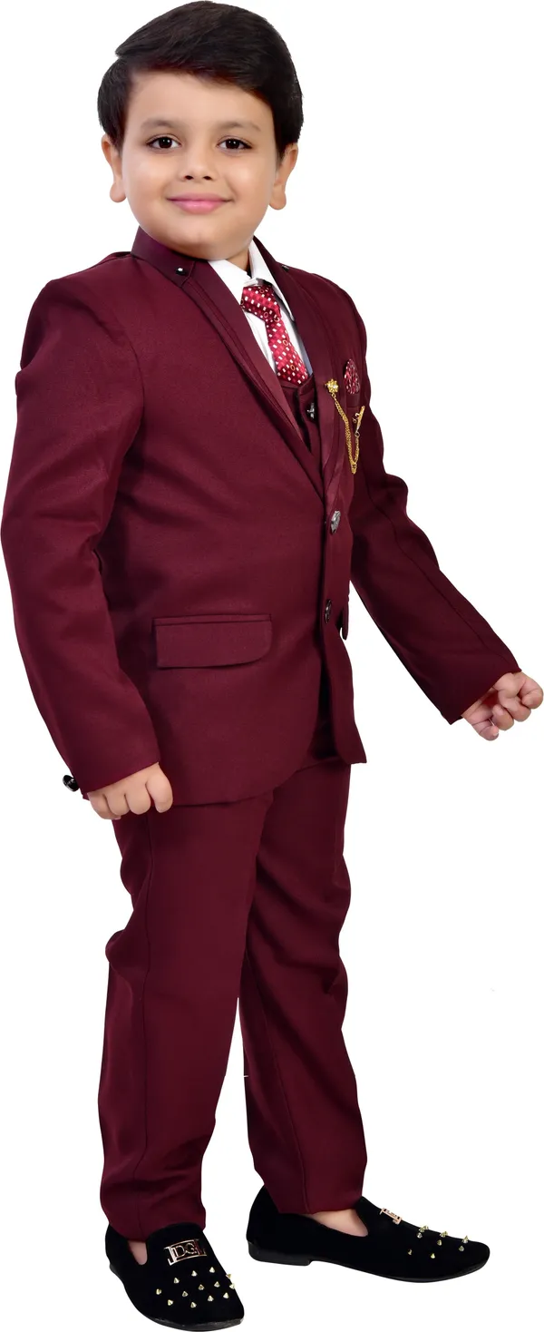Maroon_Polyester_5_Piece_Coat_Pant_Suit_Set_Solid_For_Boys