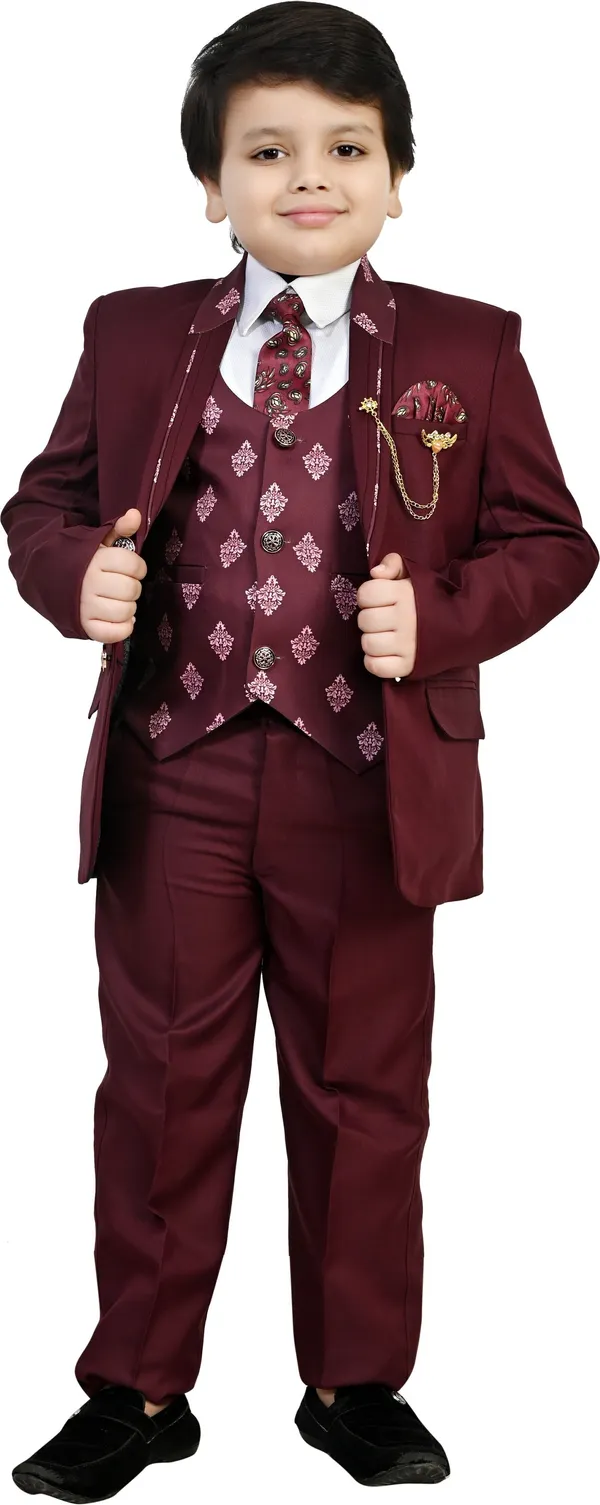 Maroon_Cotton_Blend_5_Piece_Coat_Pant_Suit_Set_For_Boys_Self_Design_For_Boys