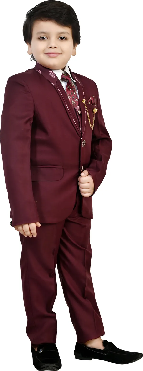 Maroon_Cotton_Blend_5_Piece_Coat_Pant_Suit_Set_For_Boys_Self_Design_For_Boys