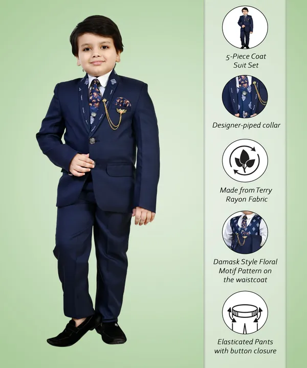 Dark_Blue_Cotton_Blend_5_Piece_Coat_Pant_Suit_Set_For_Boys_Self_Design_|Solid_For_Boys