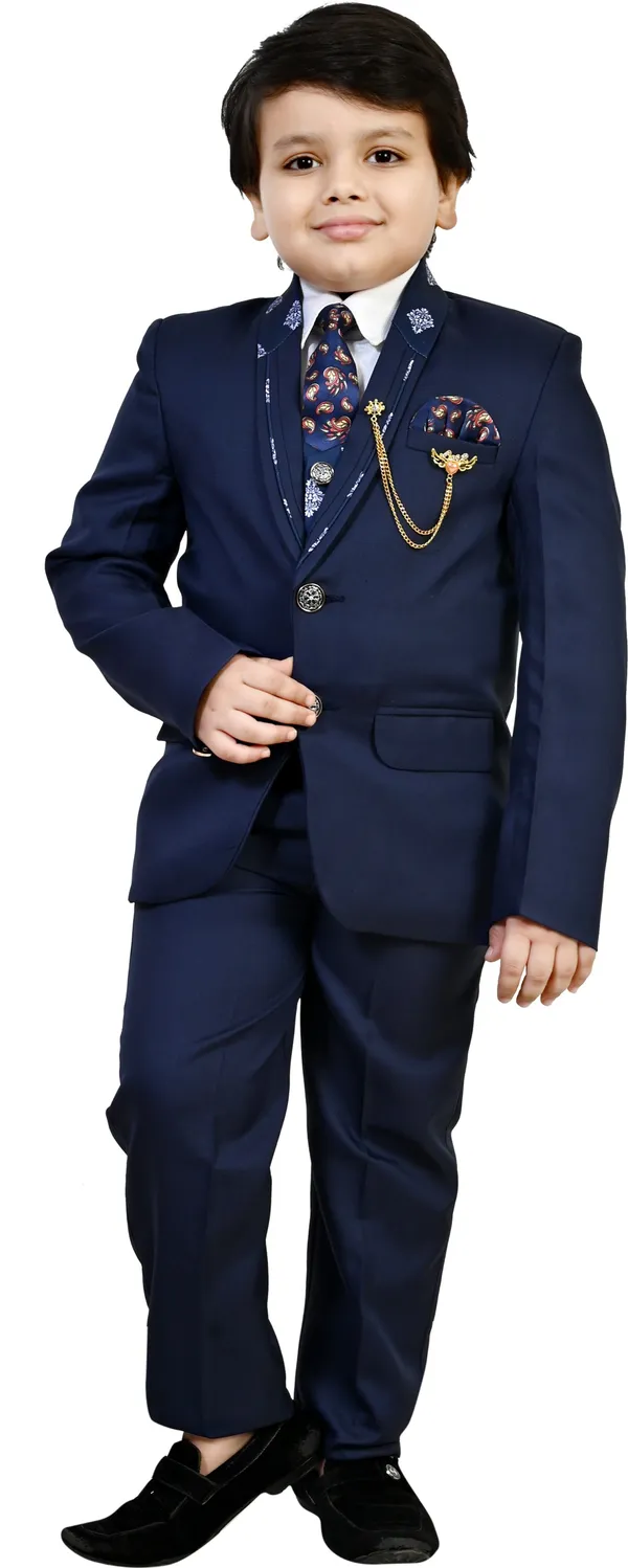 Dark_Blue_Cotton_Blend_5_Piece_Coat_Pant_Suit_Set_For_Boys_Self_Design_|Solid_For_Boys