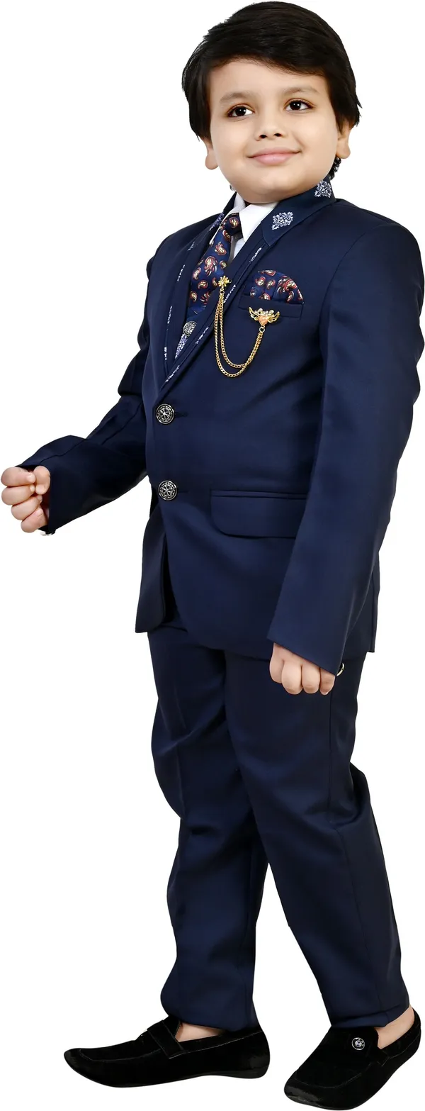 Dark_Blue_Cotton_Blend_5_Piece_Coat_Pant_Suit_Set_For_Boys_Self_Design_|Solid_For_Boys