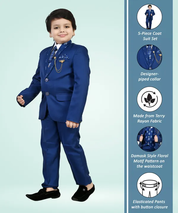 Blue_Cotton_Blend_5_Piece_Coat_Pant_Suit_Set_For_Boys_Self_Design_|Solid_For_Boys