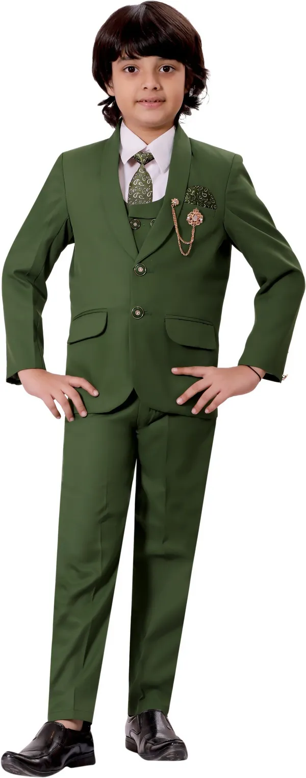 Green_Cotton_Blend_5_Piece_Coat_Suit_Set_With_Shirt,_Pant,_Waistcoat_&_Tie_For_Boys_Solid_For_Boys