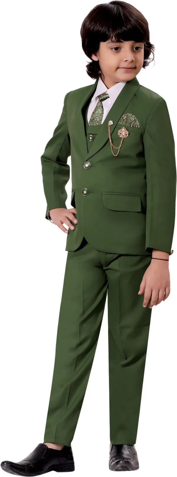 Green_Cotton_Blend_5_Piece_Coat_Suit_Set_With_Shirt,_Pant,_Waistcoat_&_Tie_For_Boys_Solid_For_Boys