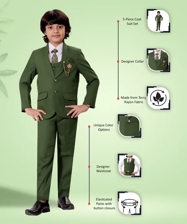 Green_Cotton_Blend_5_Piece_Coat_Suit_Set_With_Shirt,_Pant,_Waistcoat_&_Tie_For_Boys_Solid_For_Boys