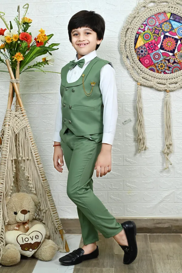 Green_Cotton_Blend_Piece_Suit_Set:_Shirt,_Pants,_And_Waistcoat_Solid_For_Boys