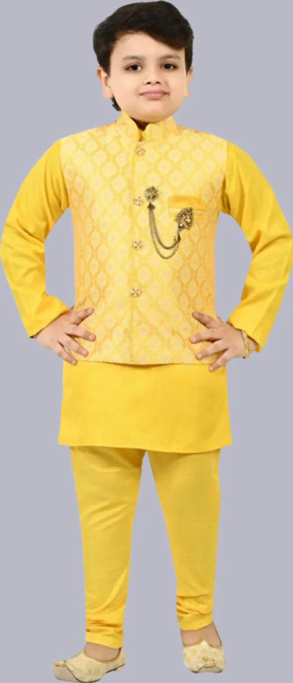 Yellow_Jacquard_|Cotton_Blend_Kurta,_Waistcoat_And_Pyjama_Set_Embroidered_For_Boys