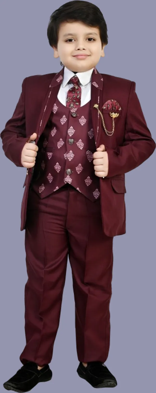 Maroon_Cotton_Blend_5_Piece_Coat_Pant_Suit_Set_For_Boys_Self_Design_For_Boys