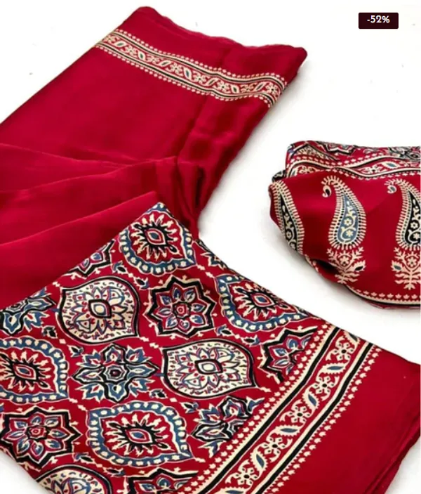 Red_Ajrakh_Printed_Modal_Silk_Plain_Saree_With_Ajrakh_Blouse_For_Women