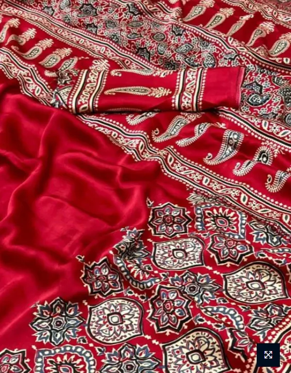 Red_Ajrakh_Printed_Modal_Silk_Plain_Saree_With_Ajrakh_Blouse_For_Women