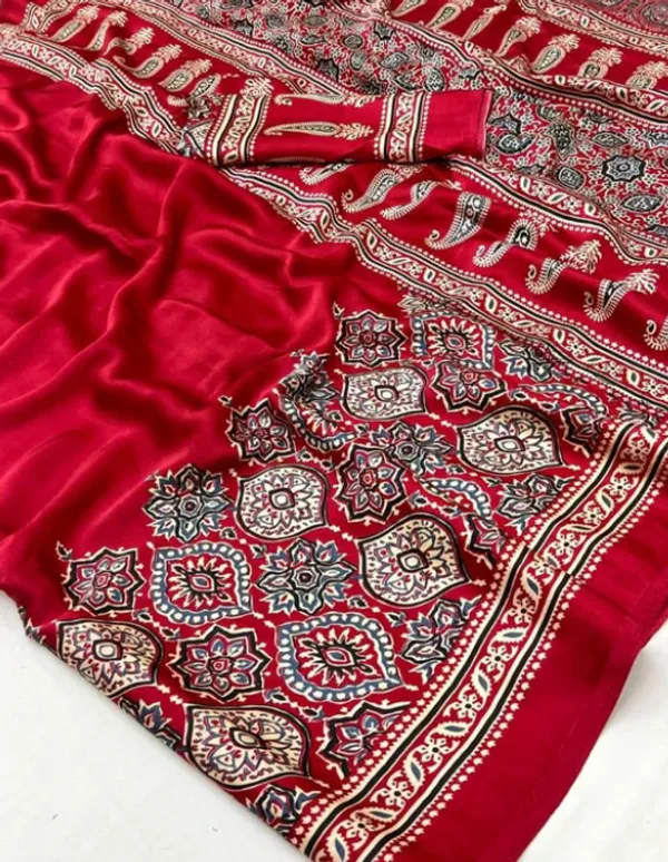 Red_Ajrakh_Printed_Modal_Silk_Plain_Saree_With_Ajrakh_Blouse_For_Women