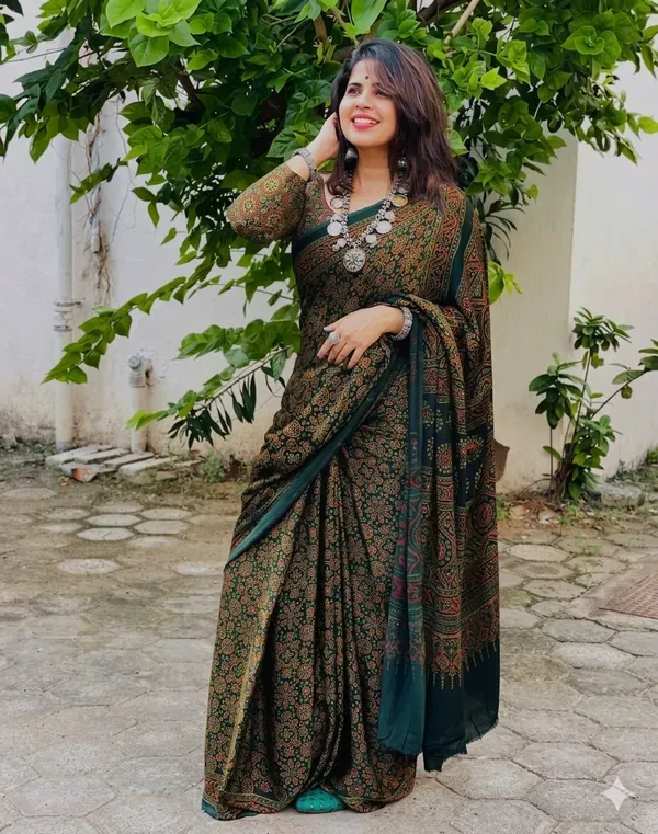 Designer_Dark_Green_Ajrakh_Printed_Japan_Silk_Saree_With_Blouse__..