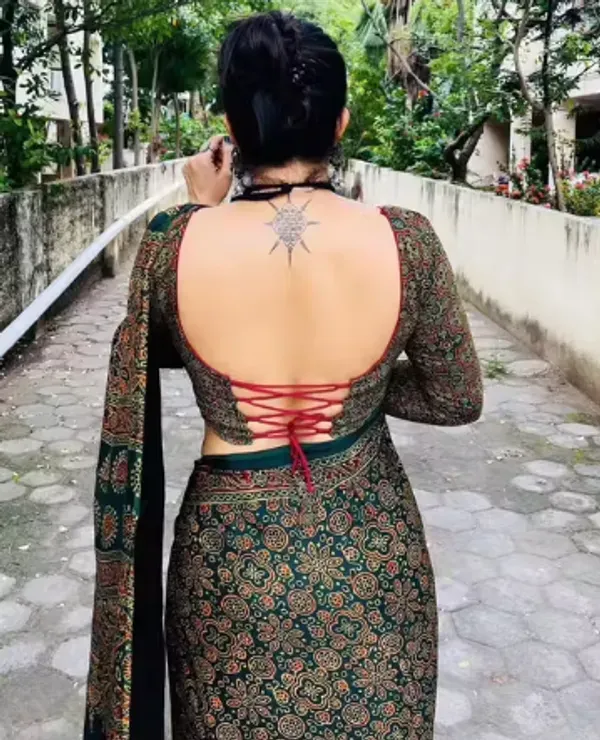 Designer_Dark_Green_Ajrakh_Printed_Japan_Silk_Saree_With_Blouse__..