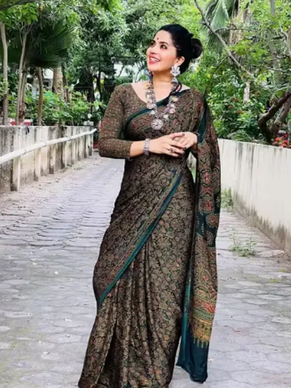 Designer_Dark_Green_Ajrakh_Printed_Japan_Silk_Saree_With_Blouse__..