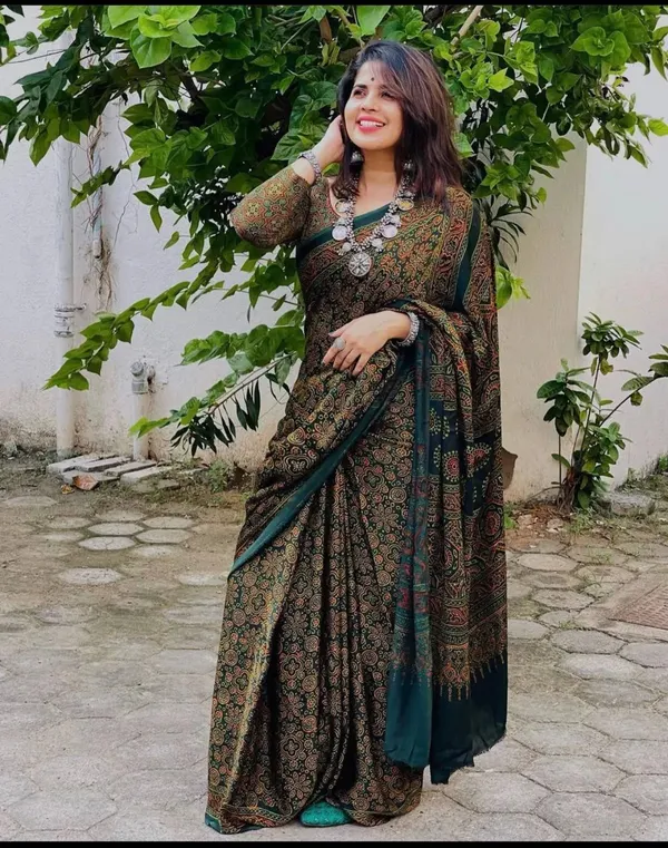 Designer_Dark_Green_Ajrakh_Printed_Japan_Silk_Saree_With_Blouse__..