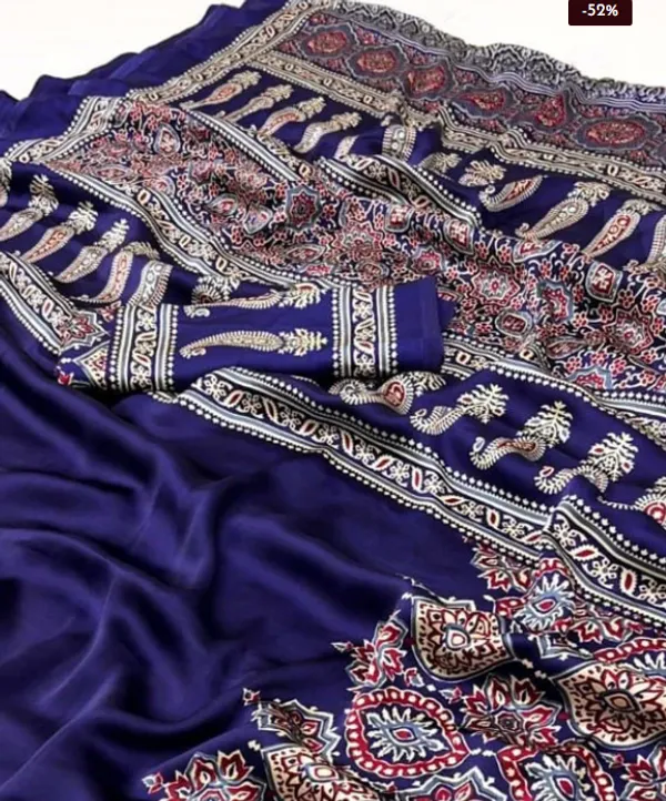 Blue_Ajrakh_Printed_Modal_Silk_Plain_Saree_With_Ajrakh_Blouse__For_Women