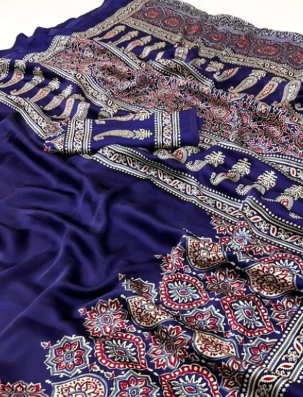 Blue_Ajrakh_Printed_Modal_Silk_Plain_Saree_With_Ajrakh_Blouse__For_Women