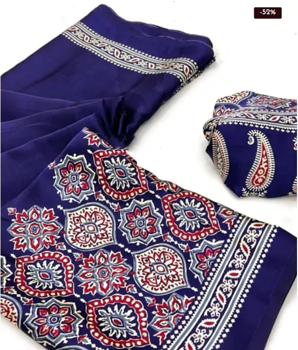 Blue_Ajrakh_Printed_Modal_Silk_Plain_Saree_With_Ajrakh_Blouse__For_Women