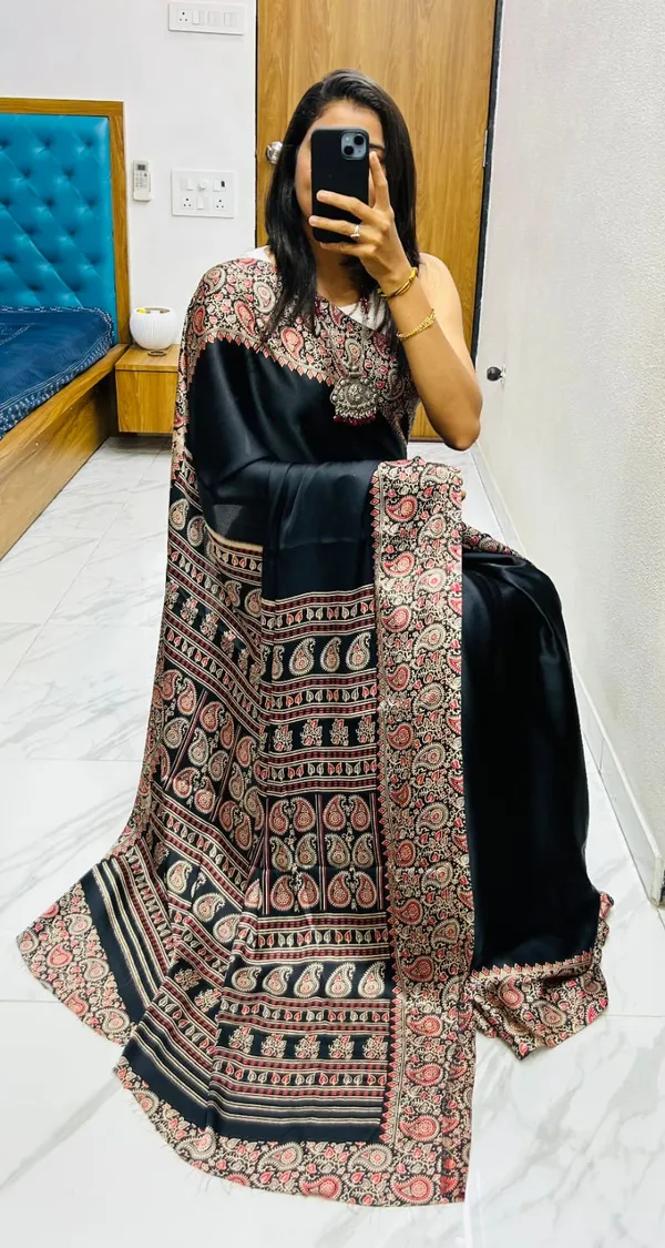 Black_Soft_Modal_Silk_Natural_Ajrakh_Printed_Saree_with_Unstitched_Blouse_For_Women