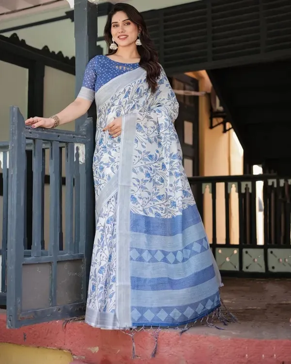 Blue_And_Floral_Pure_Cotton_Linen_Saree_For_Women.