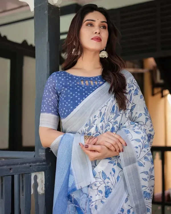 Blue_And_Floral_Pure_Cotton_Linen_Saree_For_Women.