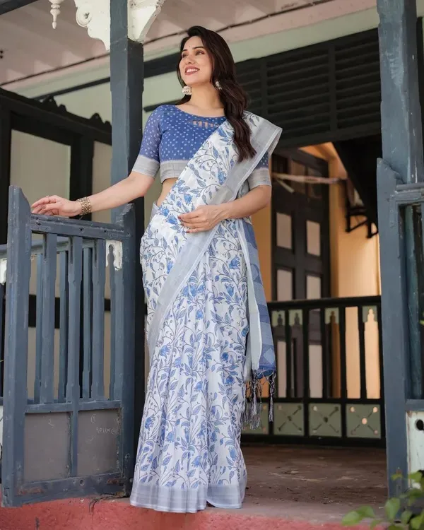Blue_And_Floral_Pure_Cotton_Linen_Saree_For_Women.