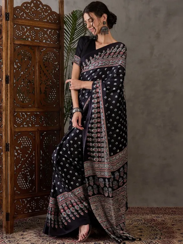 Saree_Staylish_Black_Ajrakh_Saree_With_Blouse_For_Women.
