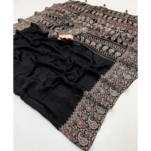 Black_Soft_Modal_Silk_Natural_Ajrakh_Printed_Saree_with_Unstitched_Blouse_For_Women