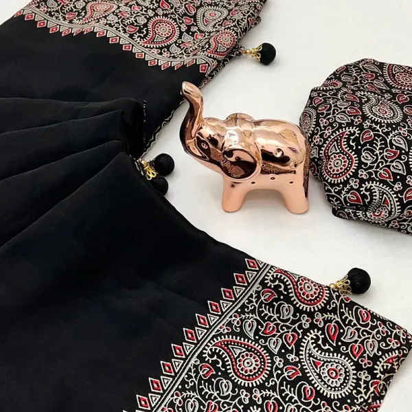 Black_Soft_Modal_Silk_Natural_Ajrakh_Printed_Saree_with_Unstitched_Blouse_For_Women
