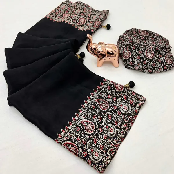 Black_Soft_Modal_Silk_Natural_Ajrakh_Printed_Saree_with_Unstitched_Blouse_For_Women