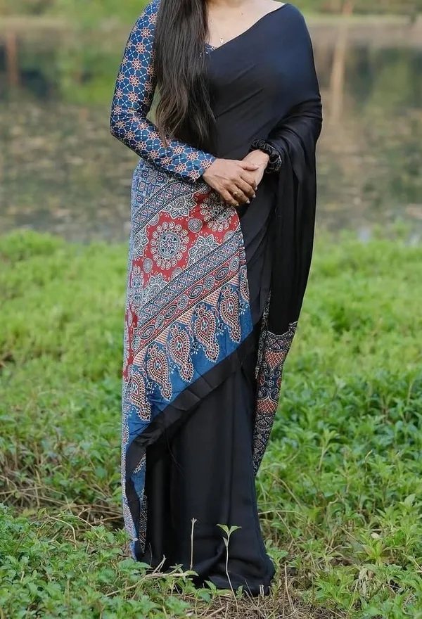 Blue_And_Black_Plain_Ajrakh_Printed_Soft_Gaji_Silk_Natural_Print_Saree_For_Women