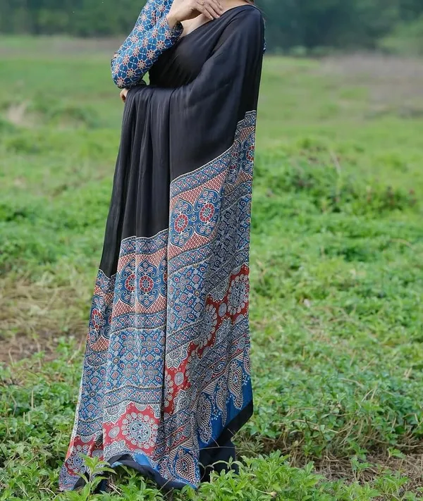 Blue_And_Black_Plain_Ajrakh_Printed_Soft_Gaji_Silk_Natural_Print_Saree_For_Women