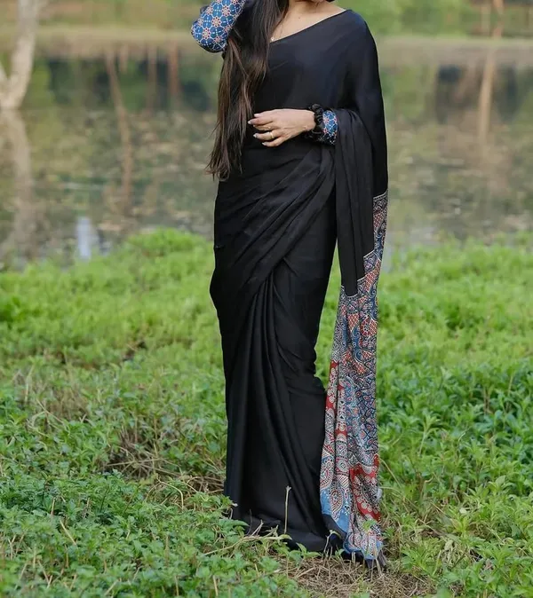 Blue_And_Black_Plain_Ajrakh_Printed_Soft_Gaji_Silk_Natural_Print_Saree_For_Women