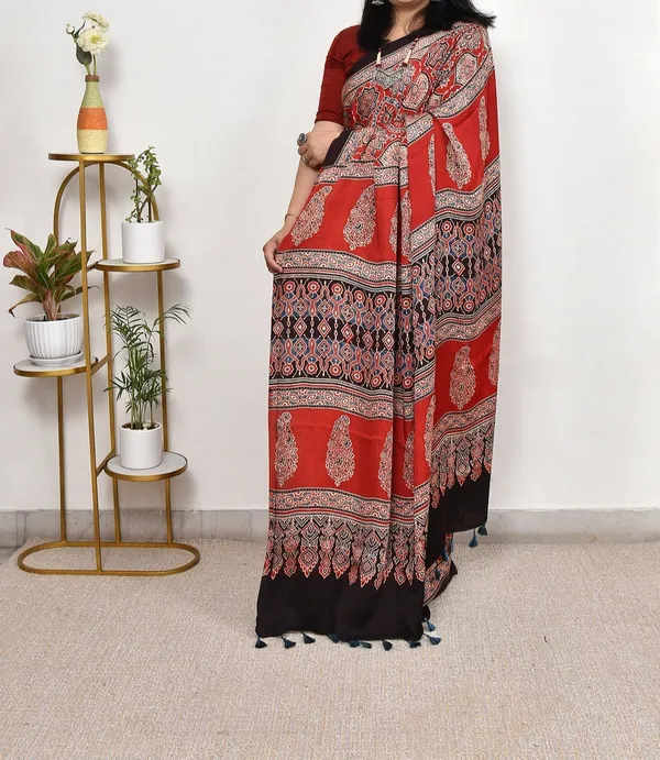 Red_Ajrakh_Printed_Soft_Gaji_Silk_Natural_Print_Saree_For_Women