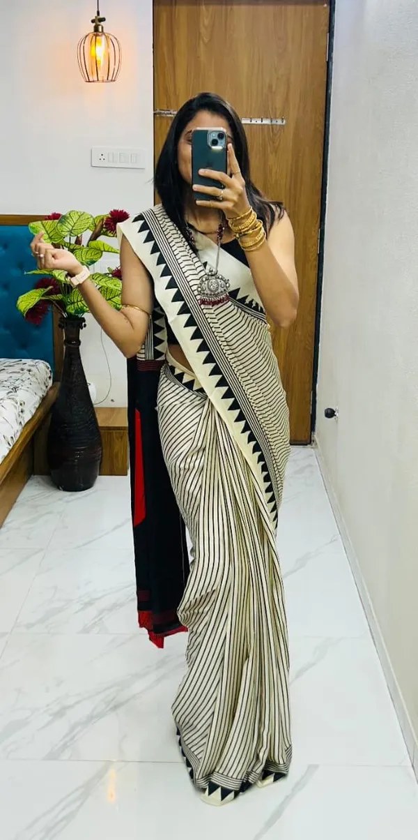 Elegant_Beige_Satin_Saree_with_Black_Line_And_Red_Bindi_Design_Black_Pallu