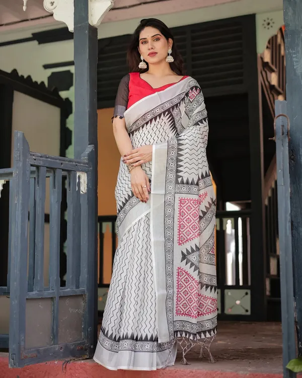 Black_and_White_Geometric_Pattern_Pure_Cotton_Linen_Saree_with_Red_Pallu.