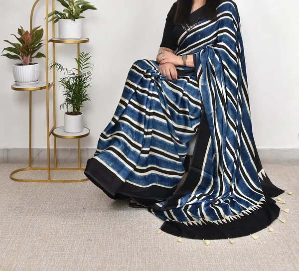 Indigo_Blue_And_Black_Ajrakh_Modal_Silk_Saree_Comes_With_Running_Blouse