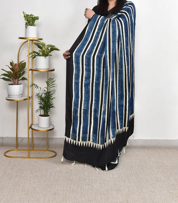 Indigo_Blue_And_Black_Ajrakh_Modal_Silk_Saree_Comes_With_Running_Blouse