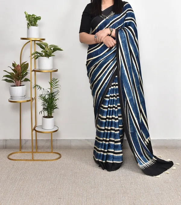 Indigo_Blue_And_Black_Ajrakh_Modal_Silk_Saree_Comes_With_Running_Blouse