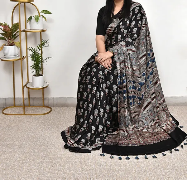Black_And_Blue_Ajrakh_Semi_Modal_Silk_Saree