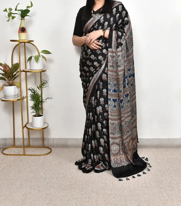 Black_And_Blue_Ajrakh_Semi_Modal_Silk_Saree