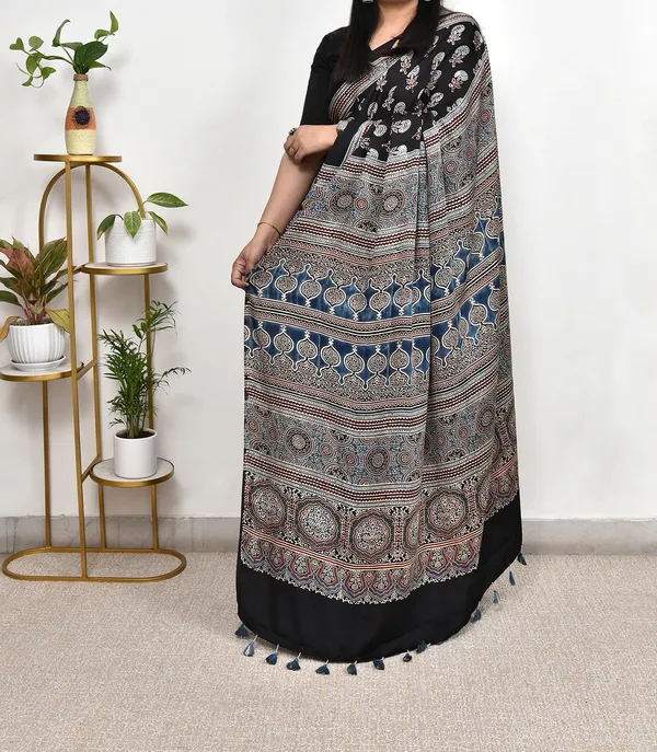 Black_And_Blue_Ajrakh_Semi_Modal_Silk_Saree