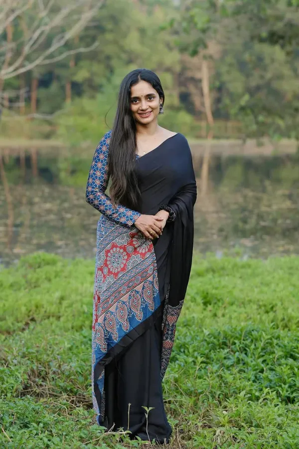 Blue_And_Black_Plain_Ajrakh_Printed_Soft_Gaji_Silk_Natural_Print_Saree_For_Women